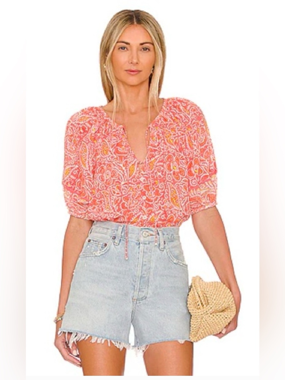 Cleobella Coral Orange and Yellow Paisley Button-Front Blouse